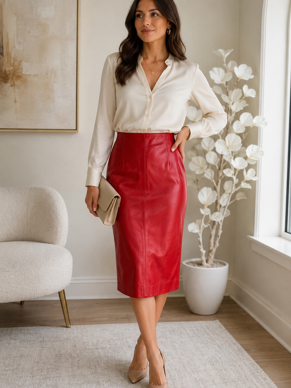 Leathers By Toby Women’s Red Classic Leather Pencil Skirt  Size 4